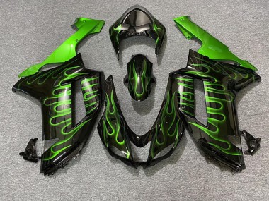 2007-2008 Gloss Black & Green Flame Kawasaki ZX6R Motorcycle Fairing UK