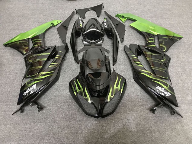 2009-2012 Gloss Black & Green Flame Kawasaki ZX6R Motorcycle Fairing UK